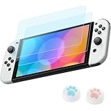 Switch 有機ELモデル用 ガラスフィルム 強化 ガラス 保護 フィルム ブルーライトカット 目の疲れ軽減 日本旭硝子素材 高透過率 強靭9H 撥水撥油 指紋・飛散防止 気泡ゼロ 貼り付け簡単 親指グリップキャップ*2個付き（2枚入り）