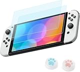Switch 有機ELモデル用 ガラスフィルム 強化 ガラス 保護 フィルム ブルーライトカット 目の疲れ軽減 日本旭硝子素材 高透過率 強靭9H 撥水撥油 指紋・飛散防止 気泡ゼロ 貼り付け簡単 親指グリップキャップ*2個付き（2枚入り）