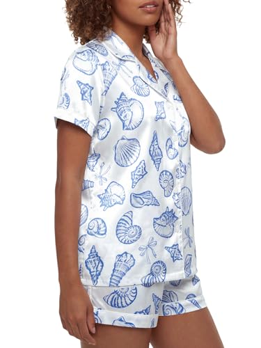 Image of Umenlele Women's Silk Satin Pajamas Set Striped Short Sleeve Button Down Sleepwear 2 Piece Soft Loungewear PJs