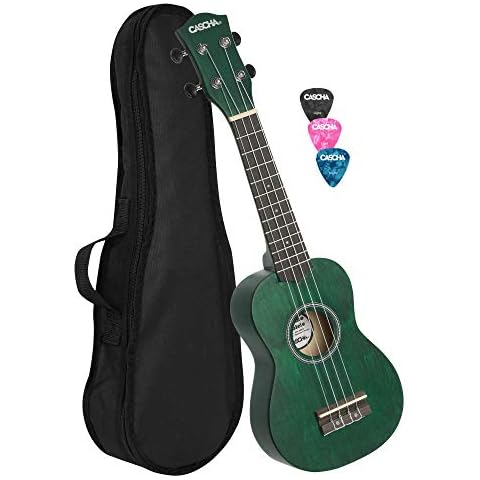 CASCHA Soprano Ukulele set for children and adults I Ukulele starter kit with 3 picks bag I Ukulele set Aquila strings nylon I Small Hawaiian guitar for beginners advanced I Green Cover
