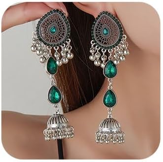 Missgrace Boho Indian Dainty Silver Dangle Circle Beads Teardrop Green Red Rhinestone Turquoise Earrings for Women Vintage Retro Chandelier Earrings Beaded Jhumka Jhumki Tassel Studs Traditional Gold Plated Earrings for Women
