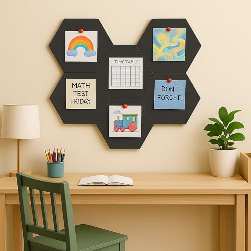 Image of MMT Acoustix PinFelt Hexagon Bulletin Board - Set of 7 12x12 inch Felt Office Pin Board Tiles for Notes Reminders & Work Organisation Self-Adhesive, Pin-Friendly, Acoustic Panels for Wall (Ash)
