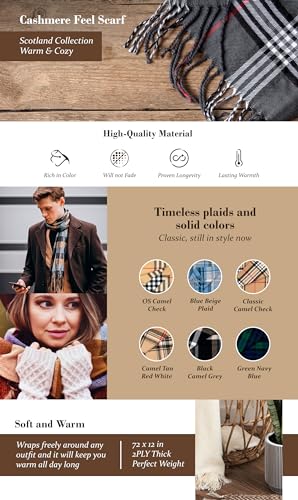 Cashmere Wool Feel Scarf Warm Soft Lightweight Scottish Scotland Nova Check Tartan Plaid Gift For Men Women Kids (A43-3 Black Camel Red BB Plaid)4