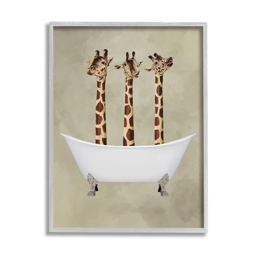 Image of Stupell Industries 'Three Giraffes in A Bathtub', Framed Giclee Art, Gray, 11 x 14 Inches, Easy to Hang and Sturdy, Made in USA, by Coco de Paris