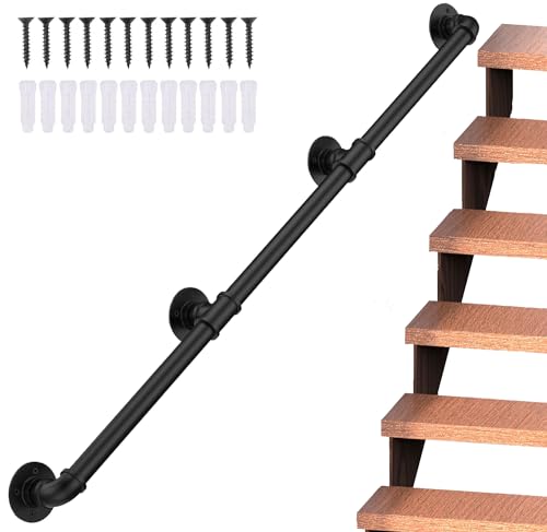 Rampe Escalier 3m Magtclyae Main Courante pour Escalier Exterieur Intérieur Tuyau en Acier Galvanisé Industriel Antidérapant Support Mural Poignée Rambarde de Sécurité,Noir