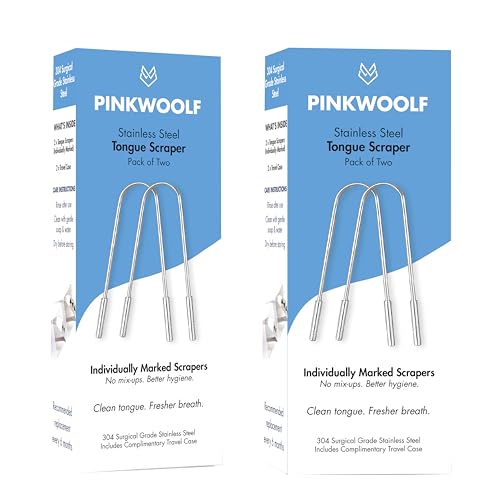 Image of Pink Woolf Stainless Steel Tongue Cleaner for Adults | Premium Tongue Scraper with Unique Identification Mark | Rust-Resistant Oral Care Tool | Pack of 2 with Travel Case (2 Tongue Cleaner Box)
