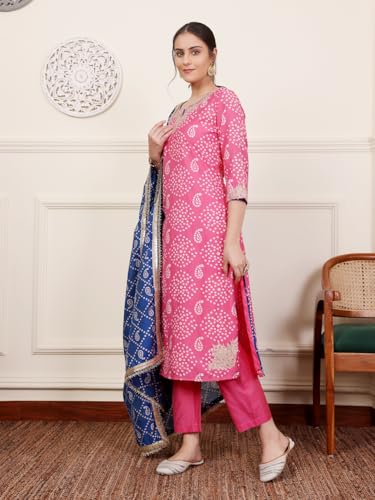 Image of SAVI Women's Chanderi Silk Bandhani Printed Kurta Set with Pure Cotton Bottom & Dupatta | Ethnic Straight Kurti Suit Set for Festive & Casual Wear