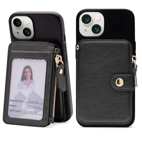 M-Plateau Small Wallet for Women Large Capacity with ID Window, Phone Wallet with 3M Adhesive Card Holder for Phone Case (Compatible with Most Smartphones) (Black)