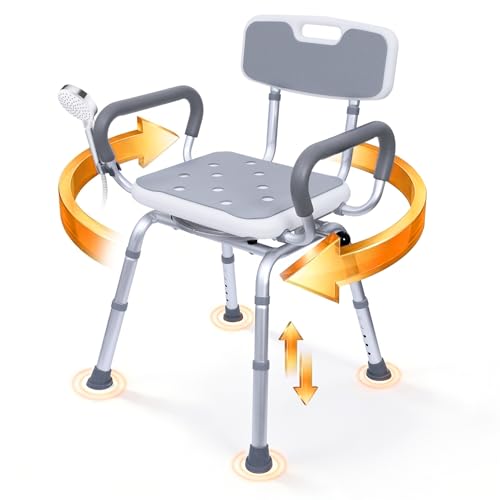 Swivel Shower Chair with Arms & Back 400lbs Heavy Duty Shower Chair for Elderly and Disabled Height Adjustable Shower Stool for Inside Shower (Light Gray)