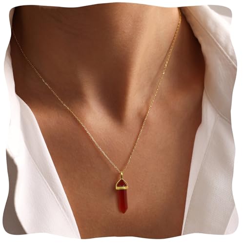 Carnelian Necklace for Women Natural Gemstone Hexagonal Column Carnelian Pendant Necklace Reiki Crystal Red Stone Necklace Gold Plated Stainless Steel Chain (Carnelian Gold)
