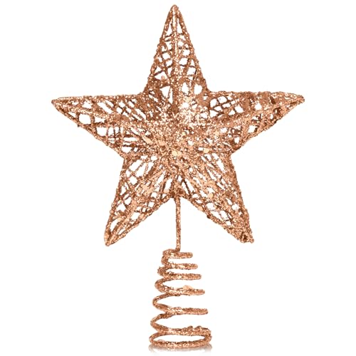 GXFCING Champagne Christmas Tree Topper Large Glitter Star for Christmas Tree 3D Metal Hollow Tree Top Star for Xmas Tree Topper Christmas Home Decorations 25cm