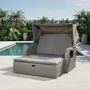 Mucola Strandkorb inkl. Sonnenschutz Polyrattan Sonnenbett inkl. verstellerbarer Rückenlehne und klappbaren Seitentischen Outdoor Lounge wetterfest