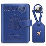 OHREY Passport Holder for Travel Family with Slot for AirTag & Luggage Tag Cover, – RFID Blocking Passport Wallet for Women & Men | PU Leather Passport Cover Case with Money Pocket – Blue