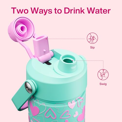 Image of ENCOOL Insulated Water Bottle with Straw Stainless Steel Water Bottle, Leak-Proof, BPA-Free, Keeps Cold for 24 Hours for Sports, Travel, School (26 oz, Sweet Hearts Violet x Mint)