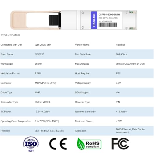 Image of 200G QSFP56 SR4 PAM4 Optical Transceiver Module,Compatible with Dell Q56-200G-SR4,200GBASE-SR4 850nm 100m MPO-12 APC OM3 /OM4 FEC