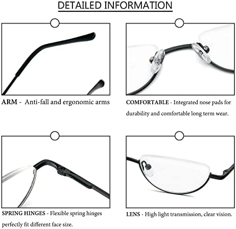 MMOWW 2 Pack Half Moon Reading Glasses for Men Women Slim Metal Half Frame Readers Semi Rimless Eyewear with Spring Hinge (Black+Grey, 1.0)