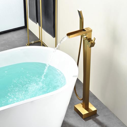 Robinet baignoire sur pied cascade laiton brossé doré avec fixation sol stable - 7