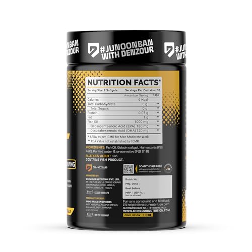 Image of DENZOUR NUTRITION Omega-3 Fish Oil 1000mg - 60 Softgel Capsules For Men & Women | Improve Endurance - 180 mg EPA & 120 mg DHA For Muscle & Joint Support, Healthy Heart & Brain Health| No Fishy Burps