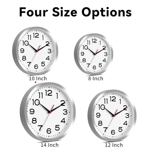 Image of Roymnie 10 Inch Wall Clock, Battery Operated Silent Non Ticking Silver | analog wall clock; bold numerals for easy reading; silent non-ticking; 1 AA battery (not included); for classroom