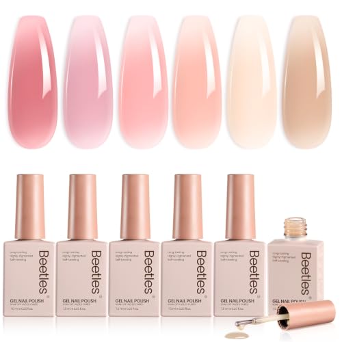 Beetles Nude Gel Nail Polish Set - 6 Colors Jelly Gel Polish Kit Nude Pink Neutral Nail Art Design Sheer Translucent Gel Nail Kits Soak Off UV Nail Lamp Cured Nail Manicure Gift for Women
