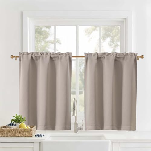 OVZME Short Curtains 36 Inch Length - Solid Fabric Light Filtering Kitchen Curtains, Rod Pocket Small Curtains for Cabinet RV Camper, Stone Color, 2 Panels, Each 30Wx36L