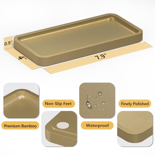 Image of Weenson Gold Bathroom Vanity Tray for Countertop Makeup Perfume Jewelry Decor Candle Keys, Bamboo Kitchen Tray for Soap Dispenser Spice, Small Toilet Tray Nightstand 7.9 inch L x 4 inch W x 0.79 inch H