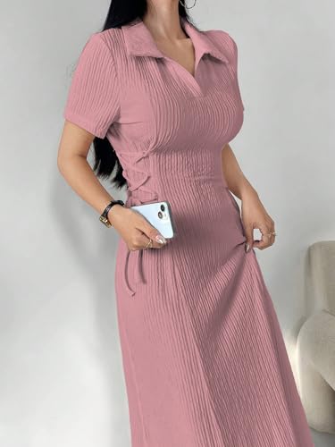 Image of Shasmi Women's Solid Color Applique Lace-Up Collared Short Sleeve, Side-Tie Waist Long Casual Maxi Women Dress Outfit Long Evening Midi Western Party Dress for Women (Dress 211)