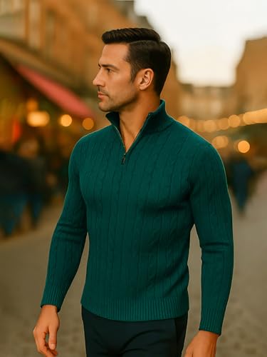 Image of TYSORT Men High Neck Zipper Full Sleeve Cable Knitted Winter Sweater,Cable Knit Sweater for Men