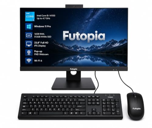 Image of Futopia 23.8 inch Full HD IPS All-in-One Desktop | Intel Core i5-14400 (Up to 4.70GHz) | 16GB RAM | 512GB NVMe SSD | Pop-up FHD Webcam | Wi-Fi 6 | Windows 11 Pro | Keyboard & Mouse Included