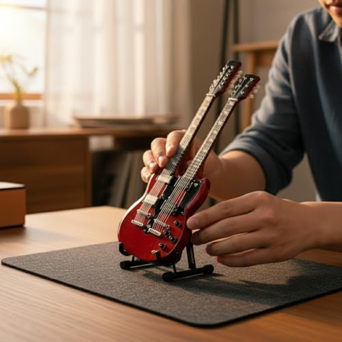 Led Zep Miniature Guitar Replica - 10 Inches Cherry Red Led Zeppelin Double Neck Guitar with Stand, Perfect Rock and Roll Gifts for Men, Mini Led Zep Desk Decor and Accessories by Reni Gifts - Image 5