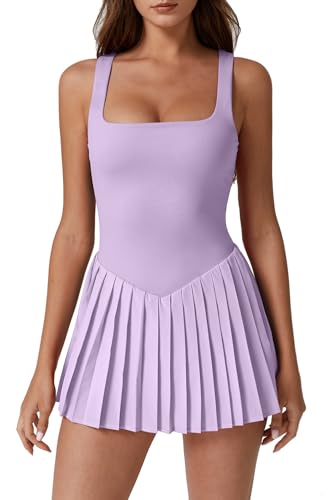 Image of QINSEN Womens Square Neck Tennis Dress Pleated Sleeveless Built in Shorts Golf Athletic Dress with Pockets