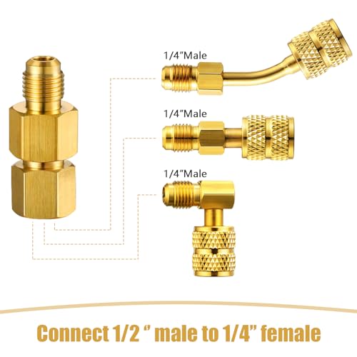 Tiangrid 34 Pcs R410a Adapter Kit Mini Split Adapter 45° 90° Refrigerant Hose Adapter, 5/16\'\' Female 1/4\'\' Male, 1/2\'\' to 1/4\'\' Tank Adapter with Valve Core Remover Thimble for Mini Split System