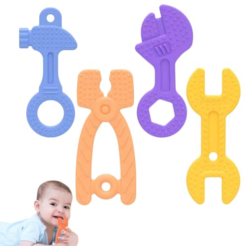 Image of Fu Store Baby Teether Toy Silicone Teething Toys for 0-12 Months Tool Shape | Chew Toys for 6-24 Months Toddlers Infant Hammer Spanner Wrench Pliers Shape Baby Teethers Relief Soothe Babies Gums Set