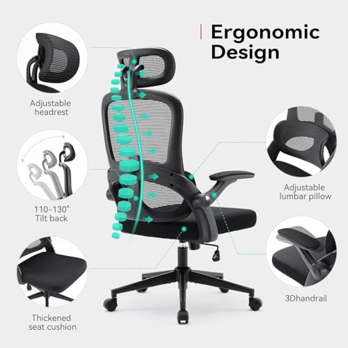 M102C Sedia Ergonomica da Ufficio con Braccioli Ribaltabili, Supporto Lombare Regolabile, Design Ergonomico per Scrivania e Uso Domestico - Nero - Sedia gaming - Immagine 6