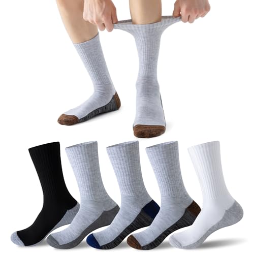 5 Pairs Stretchy Men's Crew Socks, Work Socks with Reinforced Toe&Heel, Arch Support, Terry Cushioning and Absorption