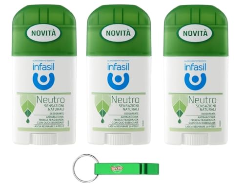 3x Infasil Deodorant Neutro Sensazioni Naturali Deo Stick - Duft mit ätherischem Öl - Deodorante 40ml + Beni Culinari Kostenloser Schlüsselanhänger