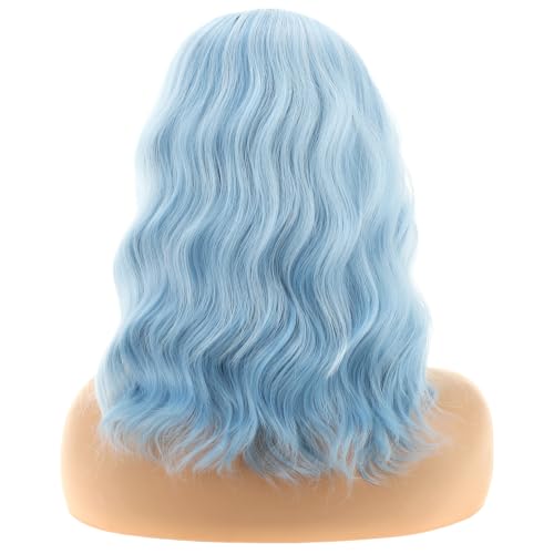 Image of BERON Blue and White Short Curly Wavy Wig for Women Flag Wig Shoulder Length Side Part Heat Resistant Synthetic Wigs Halloween Costume Cosplay Party Wig