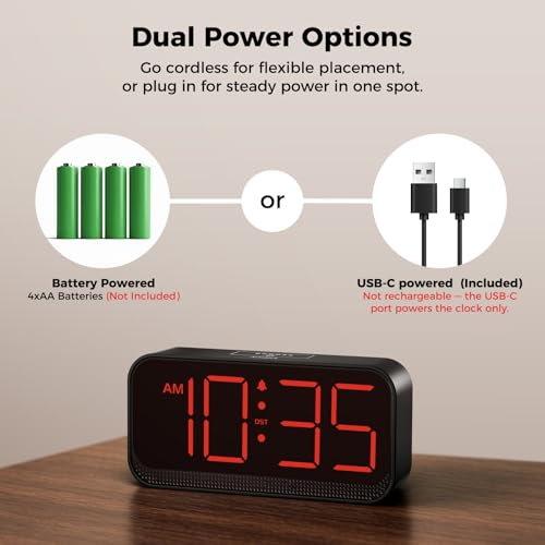 Image of Acedeck Battery Operated Alarm Clock for Bedroom Travel: Cordless Compact Large Display Digital Clock with Auto Dimming - 4 Dimmers Easy to Use for Adults Seniors Red Digits