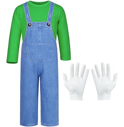 Mavoka Plumber Costume for Kids Shirt Overalls Glove Boys Halloween Party Cosplay 7-8 Years Green