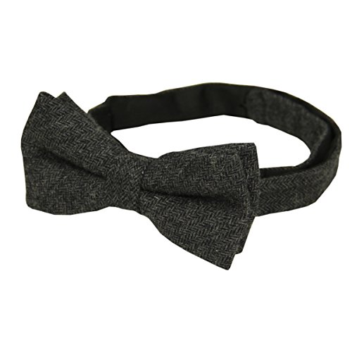 Mens Charm Wool Herringbone Bowtie With Matching Pocket Square Set (Charcoal) #TOP1