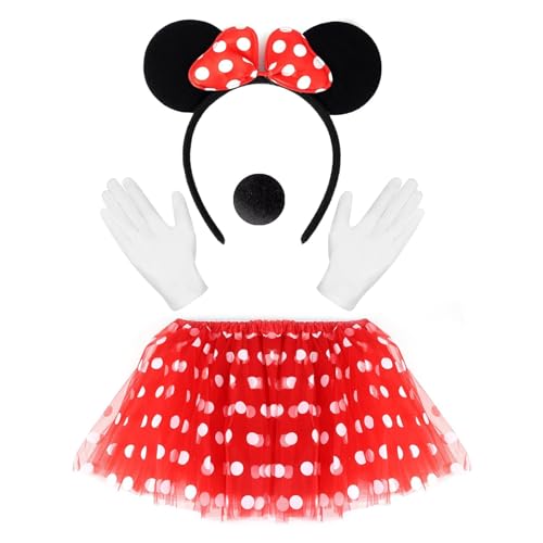 Disfraz Minnie Mouse Adulto Mujer, Disfraz de Ratón para Mujer, Accesorios de Mujer Disfraz de Ratón, Orejas Minnie Mouse, Falda Tutu Rojo, Guantes, Nariz Negro, para Carnaval, Mascarada, Cosplay