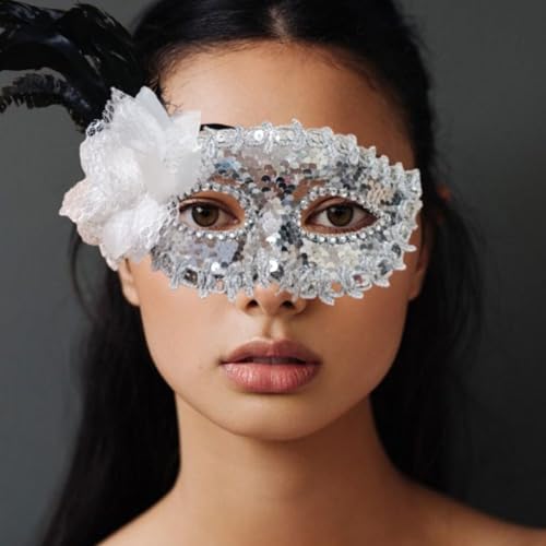 Image of Wanna Party Women's Silver Sequin Eye Mask with White Flower for Masquerade Party,Fancy Dress Costume, New Year Party