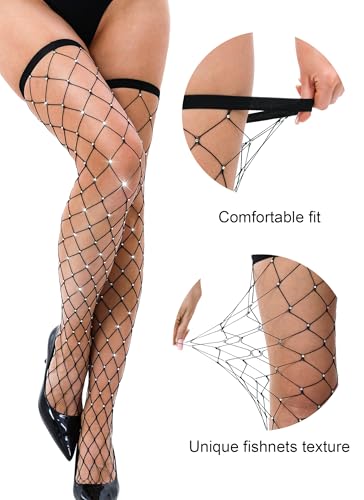 Image of VOAKOW 2 Pairs Thigh High Fishnet Stockings Sparkly Fishnet Tights for Women, Rhinestone Fishnets Stockings
