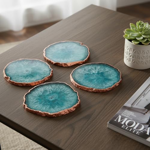 Image of Natural Agate Stone Tea Coasters Set | Premium Stone Coasters for Tea, Coffee & Glass | Heat Resistant Coasters for Dining Table, Office Desk & Home Decor | Pack of 4 | Color -Turquoise