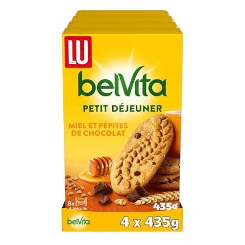 LU BELVITA - 4 Boîtes de 8 Sachets de Biscuits Belvita Miel et Pépites de Chocolat - 5 Céréales Complètes - Biscuits Petit Déjeuner Gourmands Pratiques à Emporter - Lot de 4x435g