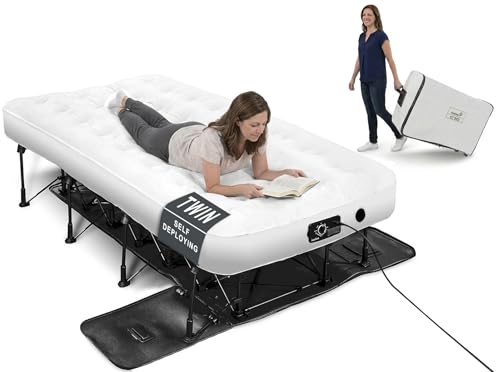 Image of Ivation EZ-Bed (Twin) Inflatable Air Mattress with Frame & Built-in Pump - 3 Min Self Inflate /Deflate - Raised Blow up Bed with Legs, Auto Shut Off, Premium Coil Design, Wheeled Portable Case