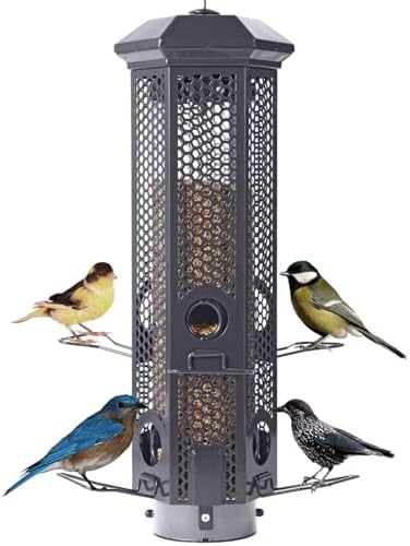 Squirrel Proof Bird Feeders with Removable Base, Metal Wild Bird Feeder for Outdoors Hanging, 6 Weight-Activated Ports Perches, 3LB Seed Capacity(Gray)