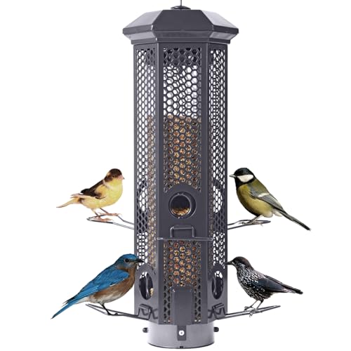 Squirrel Proof Bird Feeders with Removable Base, Metal Wild Bird Feeder for Outdoors Hanging, 6 Weight-Activated Ports Perches, 3LB Seed Capacity(Gray)