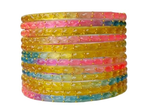 Image of JPS 16 Pcs Trendy Stylish Glass & Kashmiri Ghungroo Bangles Set for Women & Girls | Gold-Plated Traditional Festive Wedding Party Jewellery Chudi Set (12 Glass + 4 Metal)