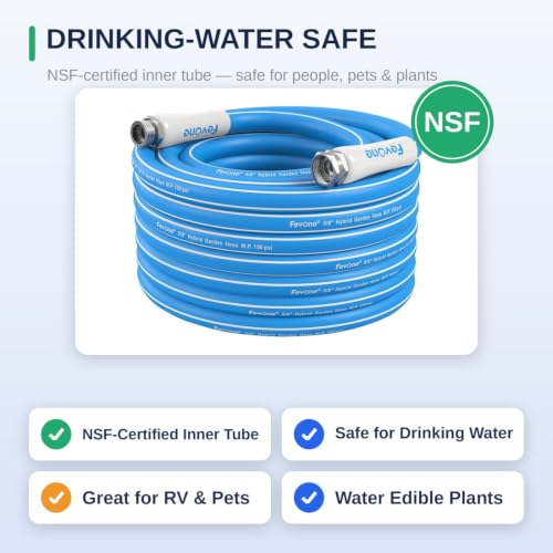 Image of FEVONE Kink Free Garden Hose 50 ft, Heavy Duty Water Hose | Flexible Hybrid Polymer, Drinking Water Safe, 5 /8 ID, 600 PSI, Leak-Proof, Aluminum 3 /4 GHT Fittings for Garden Watering